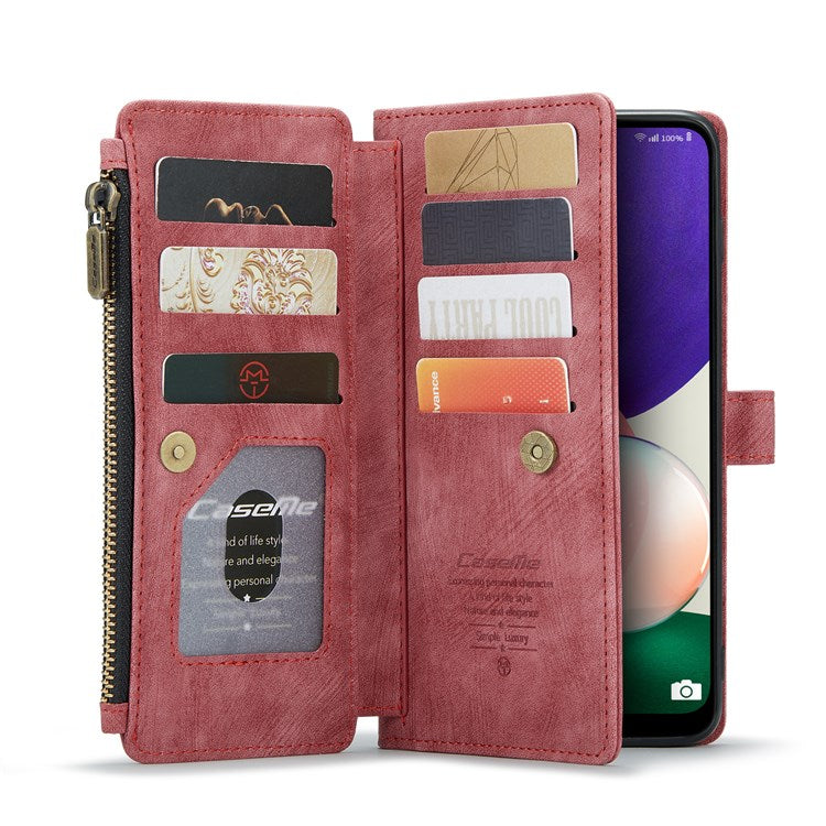 CASEME C30 Series for Samsung Galaxy A22 5G (EU Version) Supporting Stand Design Anti-collision PU Leather Phone Case Zipper Pocket Wallet Phone Cover - Red
