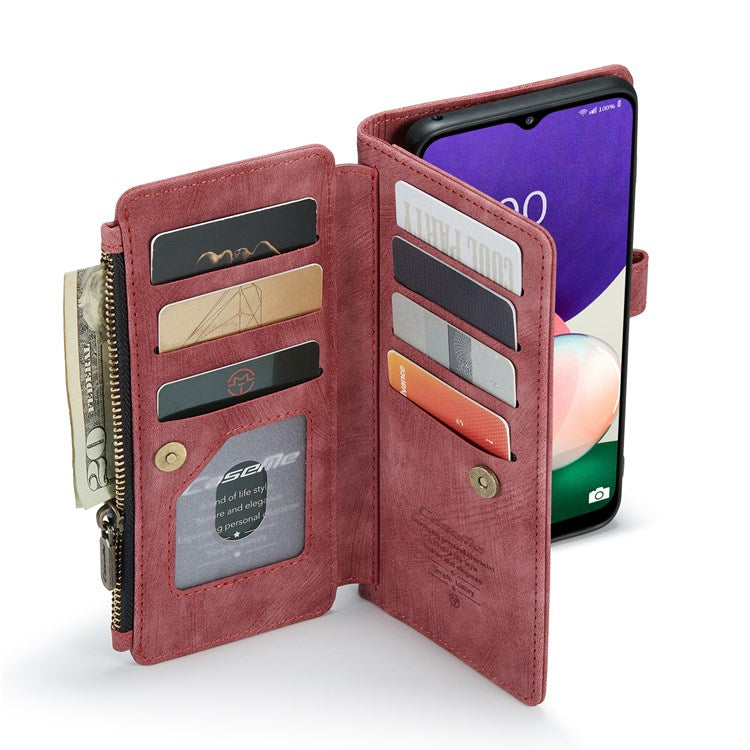 CASEME C30 Series for Samsung Galaxy A22 5G (EU Version) Supporting Stand Design Anti-collision PU Leather Phone Case Zipper Pocket Wallet Phone Cover - Red