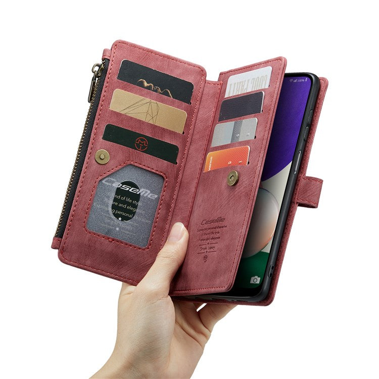 CASEME C30 Series for Samsung Galaxy A22 5G (EU Version) Supporting Stand Design Anti-collision PU Leather Phone Case Zipper Pocket Wallet Phone Cover - Red