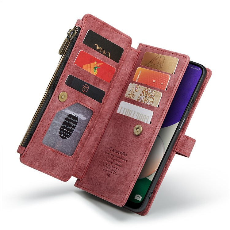 CASEME C30 Series for Samsung Galaxy A22 5G (EU Version) Supporting Stand Design Anti-collision PU Leather Phone Case Zipper Pocket Wallet Phone Cover - Red