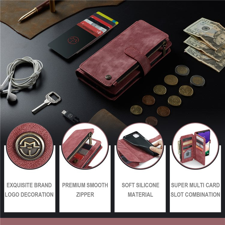 CASEME C30 Series for Samsung Galaxy A22 5G (EU Version) Supporting Stand Design Anti-collision PU Leather Phone Case Zipper Pocket Wallet Phone Cover - Red