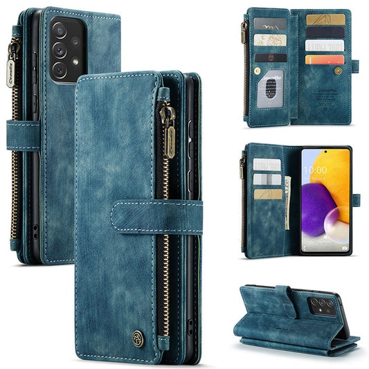 CASEME for Samsung Galaxy A13 4G C30 Series Zipper Pocket Wallet Phone Cover, Stand Design Anti-drop PU Leather Phone Case - Blue