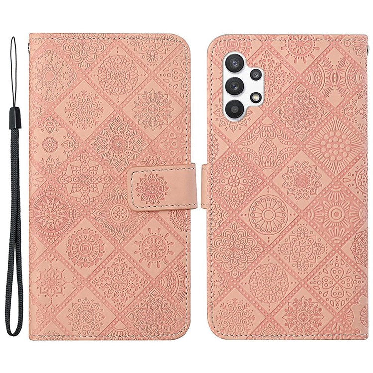 Flower Imprinted PU Leather Case for Samsung Galaxy A13 4G, Ethnic Style Leather Wallet Stand Phone Shell with Strap Magnetic Clasp Closure - Pink
