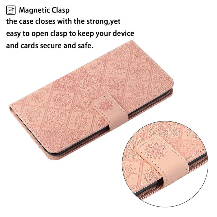 Flower Imprinted PU Leather Case for Samsung Galaxy A13 4G, Ethnic Style Leather Wallet Stand Phone Shell with Strap Magnetic Clasp Closure - Pink