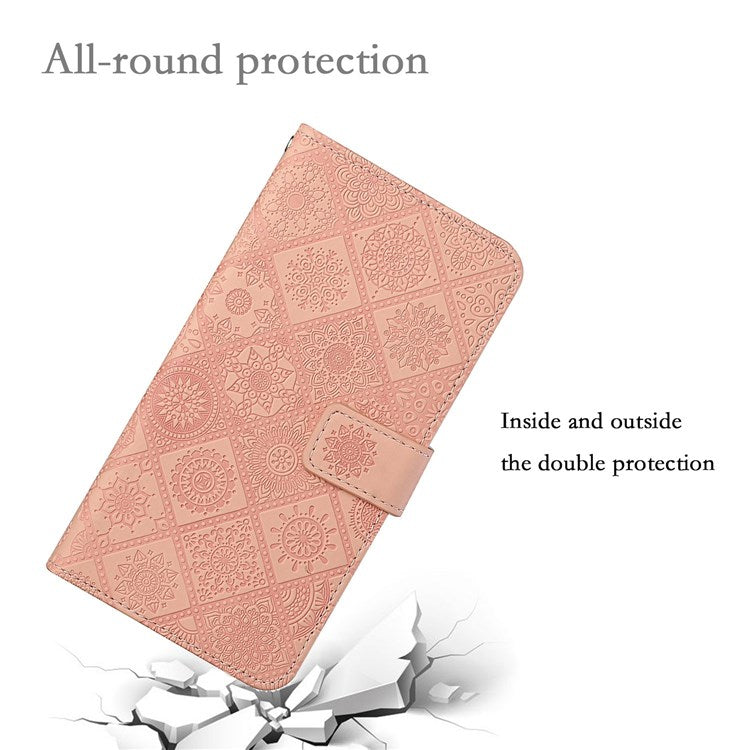 Flower Imprinted PU Leather Case for Samsung Galaxy A13 4G, Ethnic Style Leather Wallet Stand Phone Shell with Strap Magnetic Clasp Closure - Pink