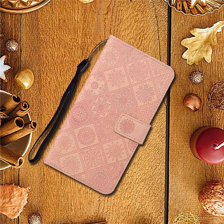 Flower Imprinted PU Leather Case for Samsung Galaxy A13 4G, Ethnic Style Leather Wallet Stand Phone Shell with Strap Magnetic Clasp Closure - Pink