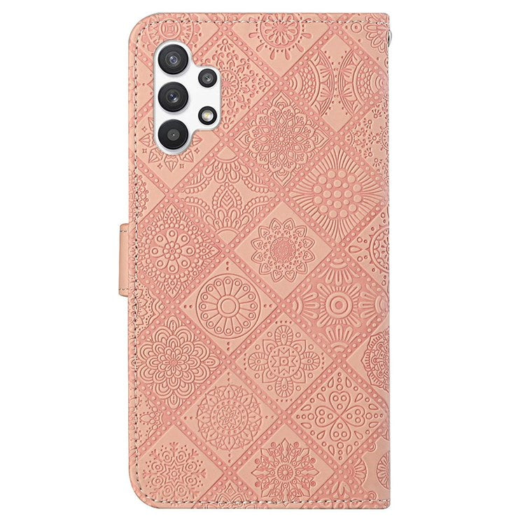 Flower Imprinted PU Leather Case for Samsung Galaxy A13 4G, Ethnic Style Leather Wallet Stand Phone Shell with Strap Magnetic Clasp Closure - Pink