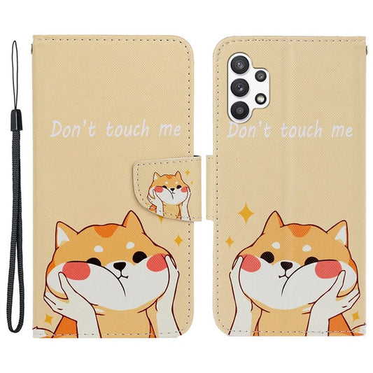 Pattern-Printing Cross Texture PU Leather Case for Samsung Galaxy A13 4G, Full Coverage Folio Flip Wallet Leather Stand Phone Shell + Strap - Akita Dog