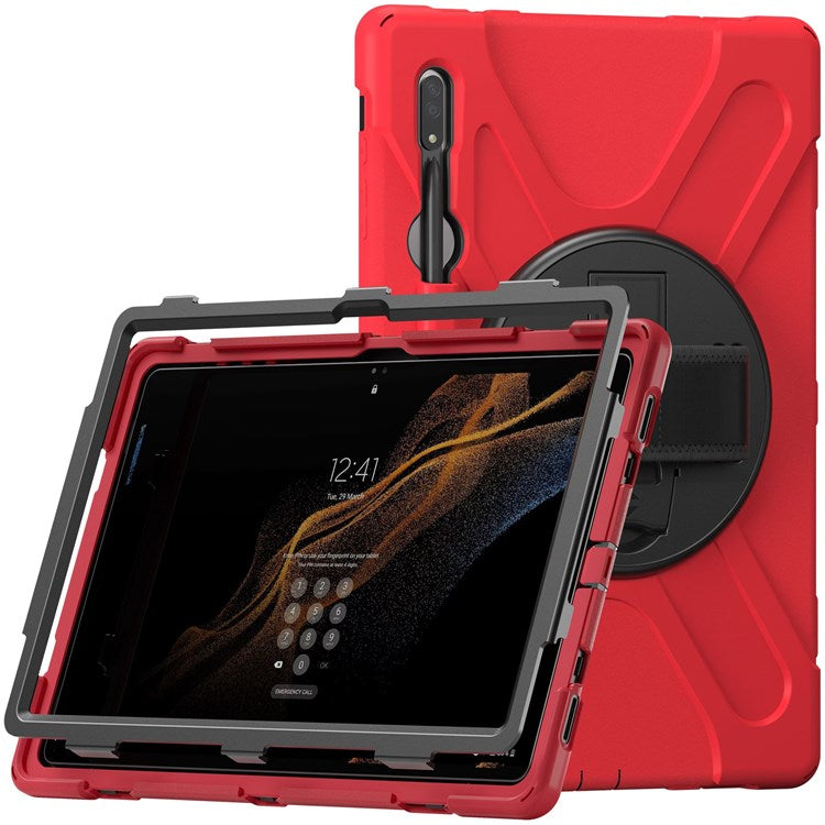 For Samsung Galaxy Tab S8 Ultra X900 / X906 / S9 Ultra X910 Hand Strap Tablet Case Hard PC + Soft TPU Shockproof Cover - Red