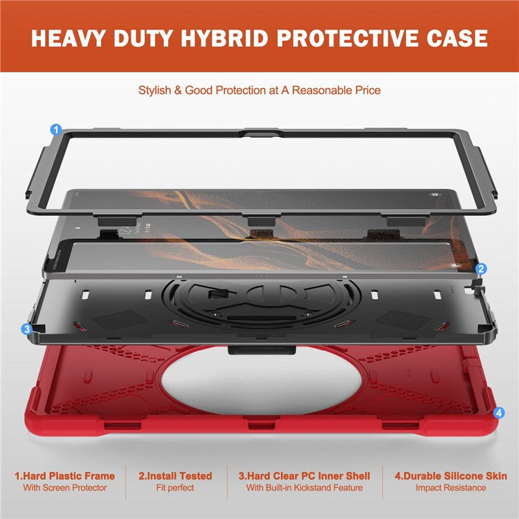 For Samsung Galaxy Tab S8 Ultra X900 / X906 / S9 Ultra X910 Hand Strap Tablet Case Hard PC + Soft TPU Shockproof Cover - Red