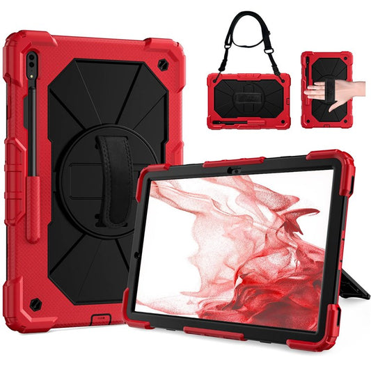 For Samsung Galaxy Tab S8+ Wi-Fi SM-X800/S8+ 5G SM-X806 (2022) PC + Silicone Contrast Color Kickstand Design Tablet Case Cover with Shoulder Strap - Red/Black