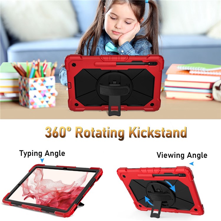 For Samsung Galaxy Tab S8+ Wi-Fi SM-X800/S8+ 5G SM-X806 (2022) PC + Silicone Contrast Color Kickstand Design Tablet Case Cover with Shoulder Strap - Red/Black