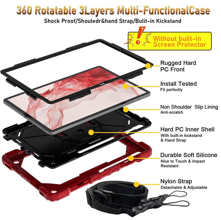 For Samsung Galaxy Tab S8+ Wi-Fi SM-X800/S8+ 5G SM-X806 (2022) PC + Silicone Contrast Color Kickstand Design Tablet Case Cover with Shoulder Strap - Red/Black