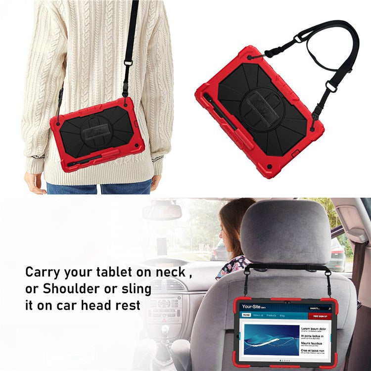 For Samsung Galaxy Tab S8+ Wi-Fi SM-X800/S8+ 5G SM-X806 (2022) PC + Silicone Contrast Color Kickstand Design Tablet Case Cover with Shoulder Strap - Red/Black