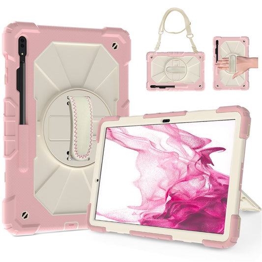For Samsung Galaxy Tab S8+ Wi-Fi SM-X800/S8+ 5G SM-X806 (2022) PC + Silicone Contrast Color Kickstand Design Tablet Case Cover with Shoulder Strap - Rose Gold/Beige