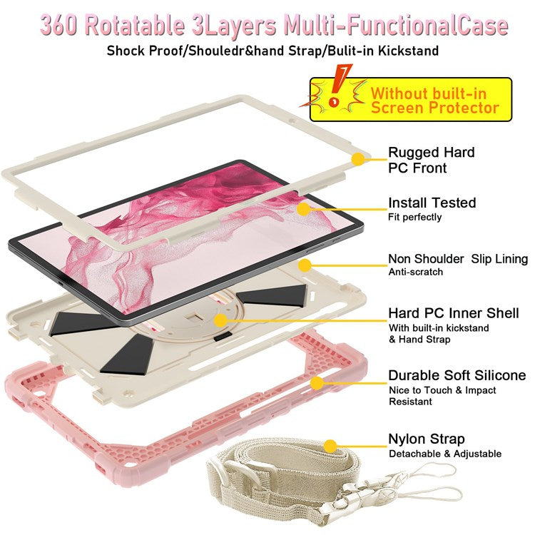 For Samsung Galaxy Tab S8+ Wi-Fi SM-X800/S8+ 5G SM-X806 (2022) PC + Silicone Contrast Color Kickstand Design Tablet Case Cover with Shoulder Strap - Rose Gold/Beige