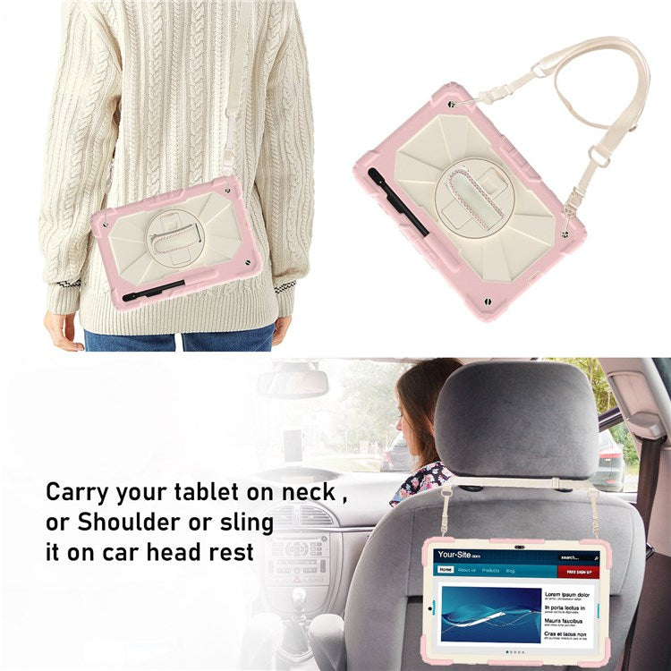 For Samsung Galaxy Tab S8+ Wi-Fi SM-X800/S8+ 5G SM-X806 (2022) PC + Silicone Contrast Color Kickstand Design Tablet Case Cover with Shoulder Strap - Rose Gold/Beige