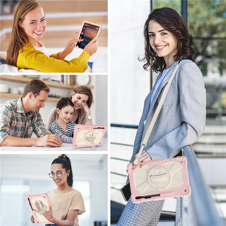 For Samsung Galaxy Tab S8+ Wi-Fi SM-X800/S8+ 5G SM-X806 (2022) PC + Silicone Contrast Color Kickstand Design Tablet Case Cover with Shoulder Strap - Rose Gold/Beige