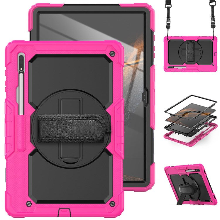 For Samsung Galaxy Tab S8 Ultra Wi-Fi SM-X900/5G SM-X906B/SM-X906U/SM-X906N 14.6-inch (2022) PC + Silicone + PET Screen Protector Swivel Kickstand Tablet Case with Shoulder Strap - Black/Rose