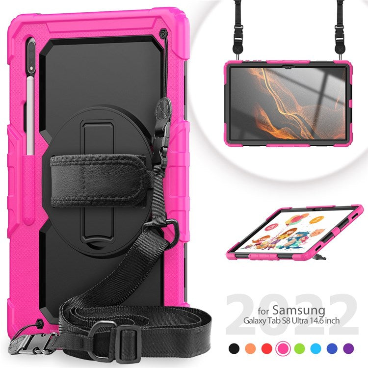 For Samsung Galaxy Tab S8 Ultra Wi-Fi SM-X900/5G SM-X906B/SM-X906U/SM-X906N 14.6-inch (2022) PC + Silicone + PET Screen Protector Swivel Kickstand Tablet Case with Shoulder Strap - Black/Rose