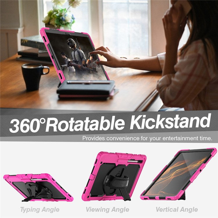 For Samsung Galaxy Tab S8 Ultra Wi-Fi SM-X900/5G SM-X906B/SM-X906U/SM-X906N 14.6-inch (2022) PC + Silicone + PET Screen Protector Swivel Kickstand Tablet Case with Shoulder Strap - Black/Rose