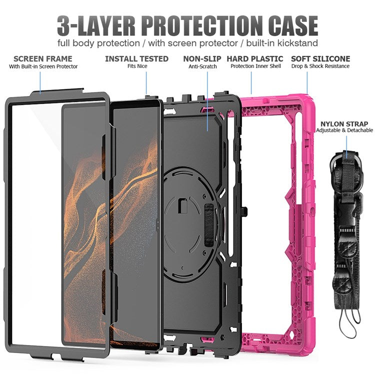 For Samsung Galaxy Tab S8 Ultra Wi-Fi SM-X900/5G SM-X906B/SM-X906U/SM-X906N 14.6-inch (2022) PC + Silicone + PET Screen Protector Swivel Kickstand Tablet Case with Shoulder Strap - Black/Rose