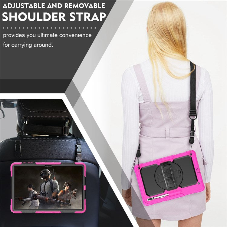 For Samsung Galaxy Tab S8 Ultra Wi-Fi SM-X900/5G SM-X906B/SM-X906U/SM-X906N 14.6-inch (2022) PC + Silicone + PET Screen Protector Swivel Kickstand Tablet Case with Shoulder Strap - Black/Rose
