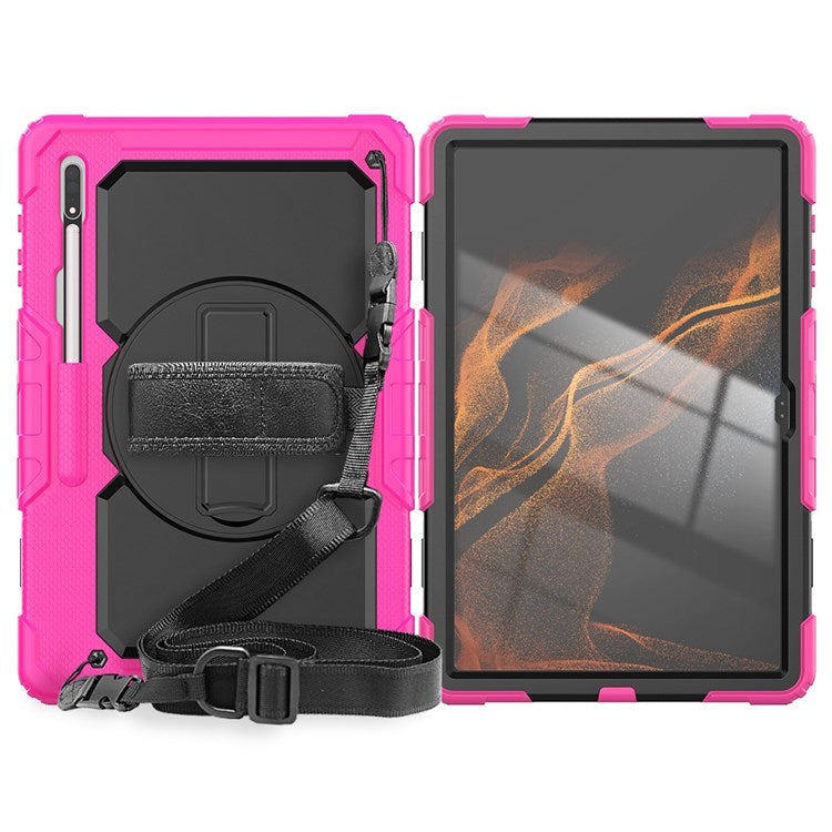 For Samsung Galaxy Tab S8 Ultra Wi-Fi SM-X900/5G SM-X906B/SM-X906U/SM-X906N 14.6-inch (2022) PC + Silicone + PET Screen Protector Swivel Kickstand Tablet Case with Shoulder Strap - Black/Rose