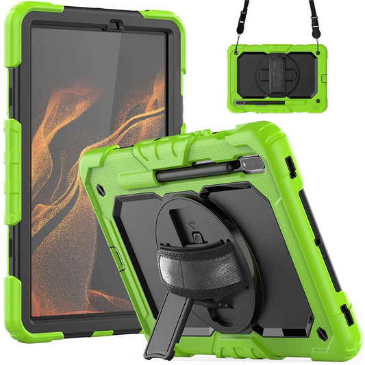 For Samsung Galaxy Tab S8 11-inch (2022) Wi-Fi SM-X700/S8 5G SM-X706 Anti-scratch PC + Silicone + PET Screen Protector Tablet Case Swivel Kickstand Cover with Shoulder Strap - Black/Yellowgreen