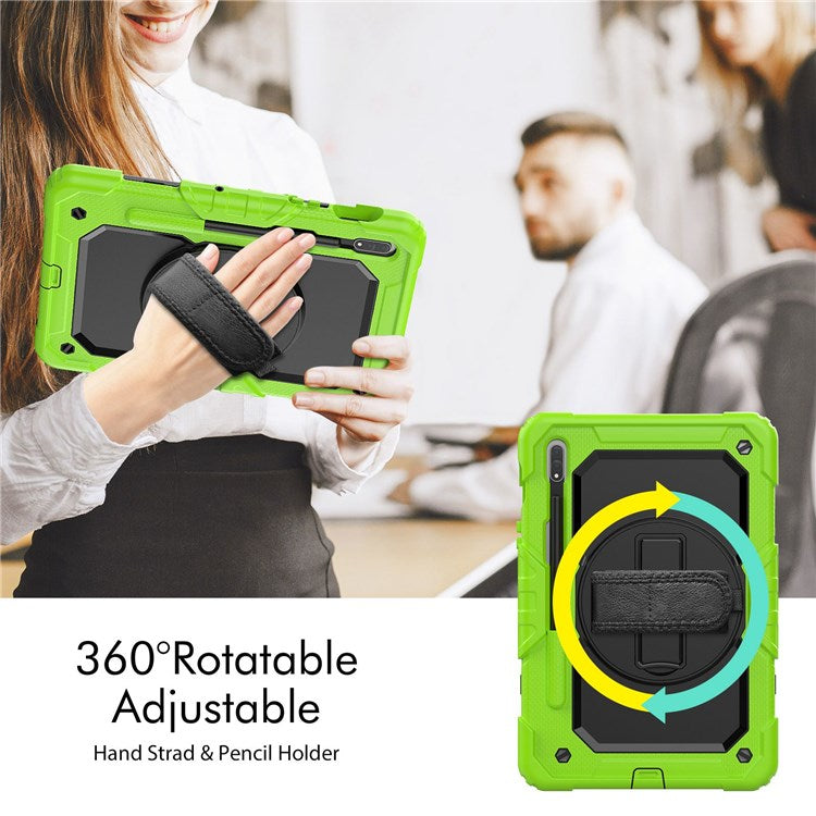 For Samsung Galaxy Tab S8 11-inch (2022) Wi-Fi SM-X700/S8 5G SM-X706 Anti-scratch PC + Silicone + PET Screen Protector Tablet Case Swivel Kickstand Cover with Shoulder Strap - Black/Yellowgreen