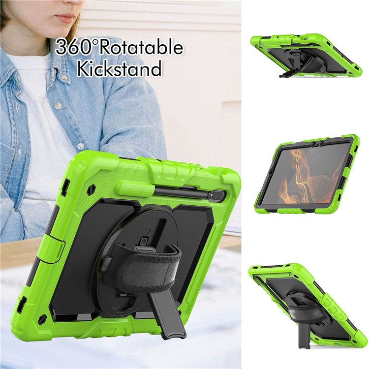 For Samsung Galaxy Tab S8 11-inch (2022) Wi-Fi SM-X700/S8 5G SM-X706 Anti-scratch PC + Silicone + PET Screen Protector Tablet Case Swivel Kickstand Cover with Shoulder Strap - Black/Yellowgreen