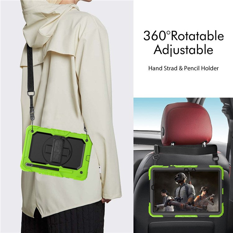 For Samsung Galaxy Tab S8 11-inch (2022) Wi-Fi SM-X700/S8 5G SM-X706 Anti-scratch PC + Silicone + PET Screen Protector Tablet Case Swivel Kickstand Cover with Shoulder Strap - Black/Yellowgreen