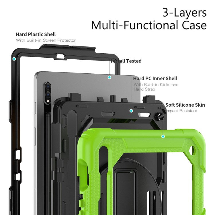 For Samsung Galaxy Tab S8 11-inch (2022) Wi-Fi SM-X700/S8 5G SM-X706 Anti-scratch PC + Silicone + PET Screen Protector Tablet Case Swivel Kickstand Cover with Shoulder Strap - Black/Yellowgreen
