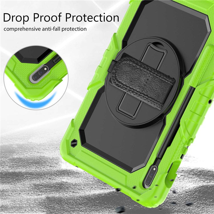 For Samsung Galaxy Tab S8 11-inch (2022) Wi-Fi SM-X700/S8 5G SM-X706 Anti-scratch PC + Silicone + PET Screen Protector Tablet Case Swivel Kickstand Cover with Shoulder Strap - Black/Yellowgreen