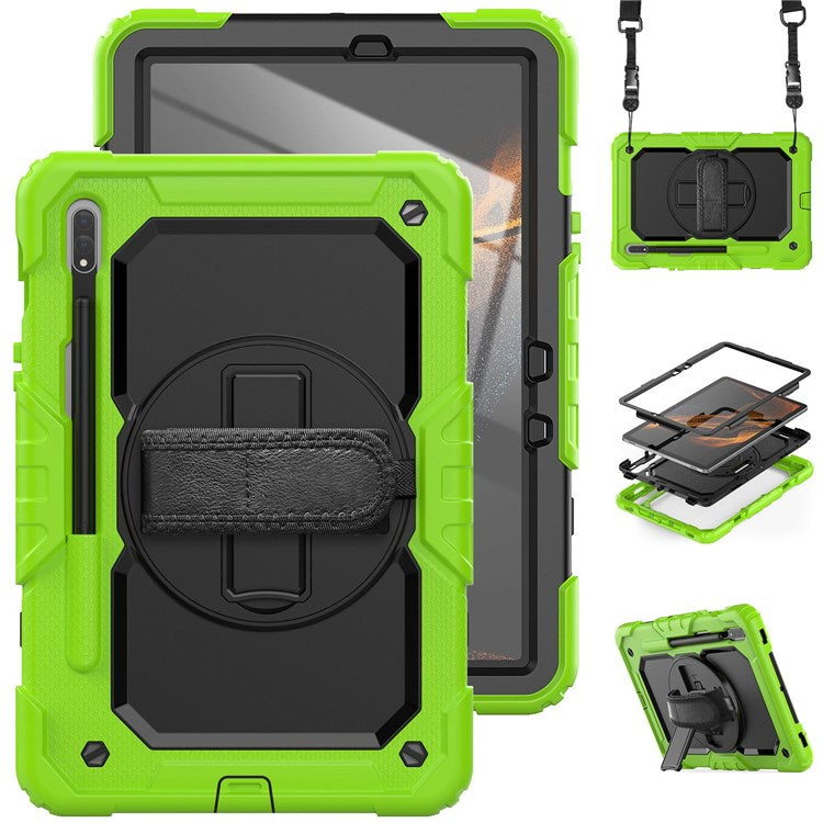 For Samsung Galaxy Tab S8 11-inch (2022) Wi-Fi SM-X700/S8 5G SM-X706 Anti-scratch PC + Silicone + PET Screen Protector Tablet Case Swivel Kickstand Cover with Shoulder Strap - Black/Yellowgreen