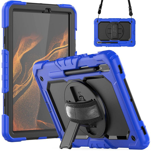 For Samsung Galaxy Tab S8 11-inch (2022) Wi-Fi SM-X700/S8 5G SM-X706 Anti-scratch PC + Silicone + PET Screen Protector Tablet Case Swivel Kickstand Cover with Shoulder Strap - Black/Blue