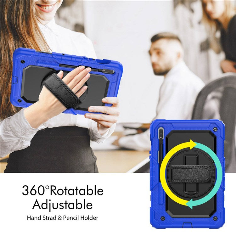For Samsung Galaxy Tab S8 11-inch (2022) Wi-Fi SM-X700/S8 5G SM-X706 Anti-scratch PC + Silicone + PET Screen Protector Tablet Case Swivel Kickstand Cover with Shoulder Strap - Black/Blue