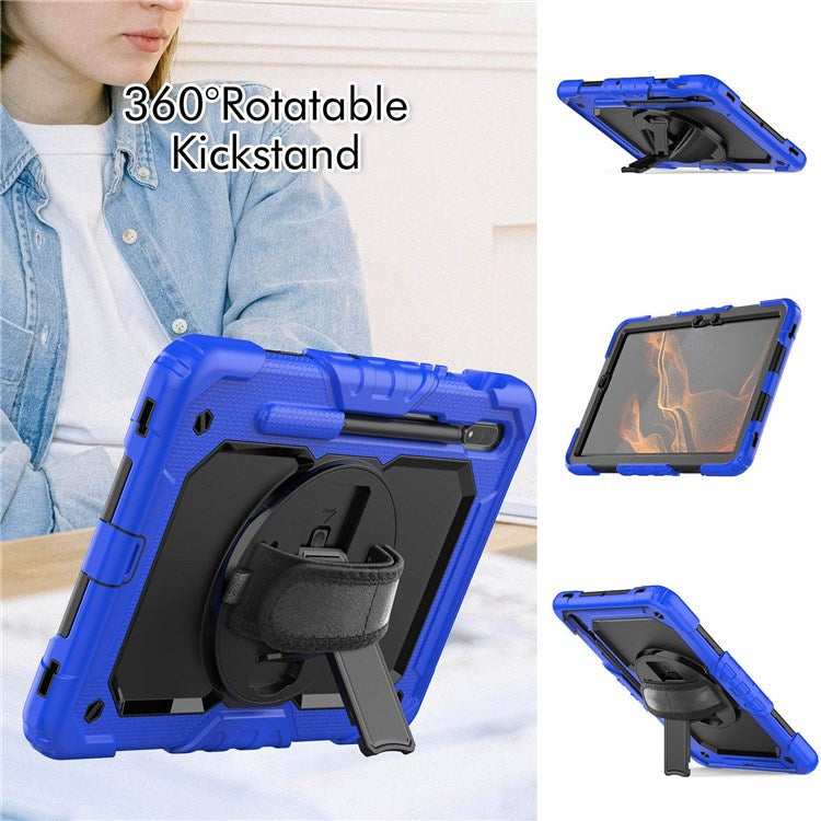 For Samsung Galaxy Tab S8 11-inch (2022) Wi-Fi SM-X700/S8 5G SM-X706 Anti-scratch PC + Silicone + PET Screen Protector Tablet Case Swivel Kickstand Cover with Shoulder Strap - Black/Blue