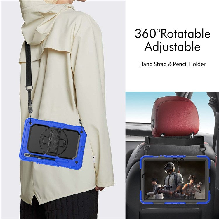 For Samsung Galaxy Tab S8 11-inch (2022) Wi-Fi SM-X700/S8 5G SM-X706 Anti-scratch PC + Silicone + PET Screen Protector Tablet Case Swivel Kickstand Cover with Shoulder Strap - Black/Blue