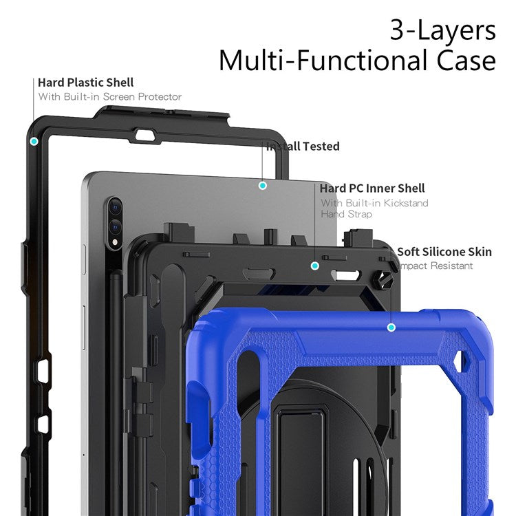 For Samsung Galaxy Tab S8 11-inch (2022) Wi-Fi SM-X700/S8 5G SM-X706 Anti-scratch PC + Silicone + PET Screen Protector Tablet Case Swivel Kickstand Cover with Shoulder Strap - Black/Blue
