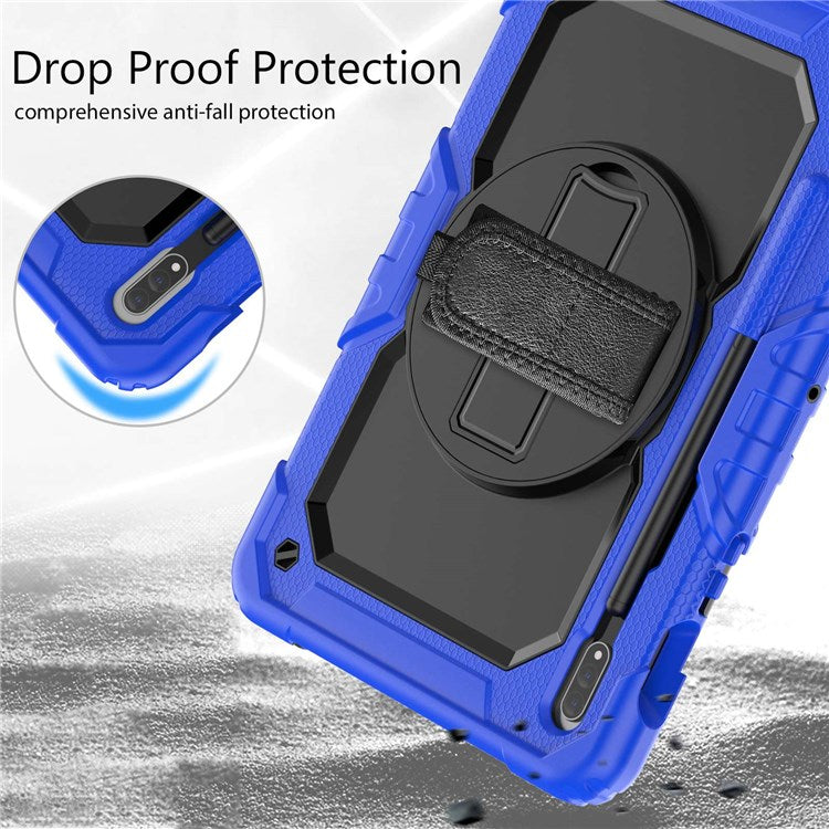 For Samsung Galaxy Tab S8 11-inch (2022) Wi-Fi SM-X700/S8 5G SM-X706 Anti-scratch PC + Silicone + PET Screen Protector Tablet Case Swivel Kickstand Cover with Shoulder Strap - Black/Blue