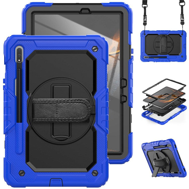 For Samsung Galaxy Tab S8 11-inch (2022) Wi-Fi SM-X700/S8 5G SM-X706 Anti-scratch PC + Silicone + PET Screen Protector Tablet Case Swivel Kickstand Cover with Shoulder Strap - Black/Blue