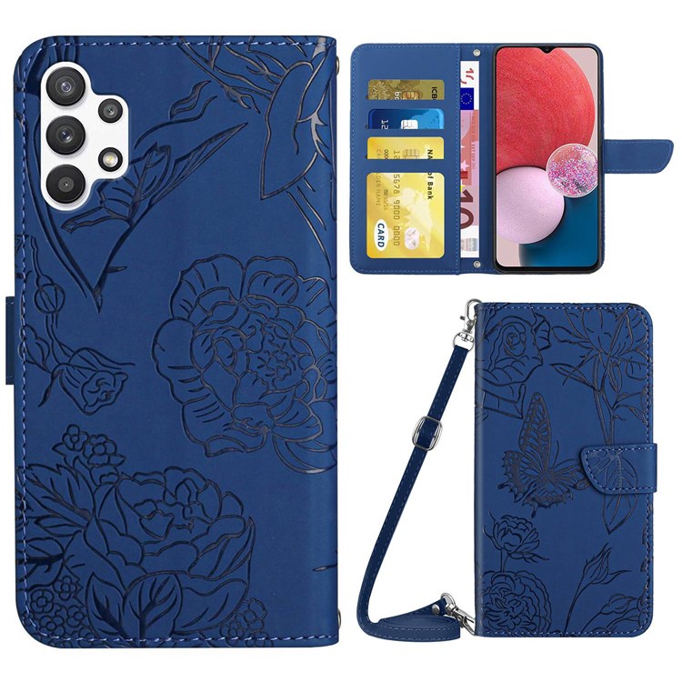 For Samsung Galaxy A13 4G Full Protection Smartphone Case, Skin-touch Feel PU Leather Butterfly and Flower Imprinting Pattern Supporting Stand Wallet Phone Cover with Shoulder Strap - Blue