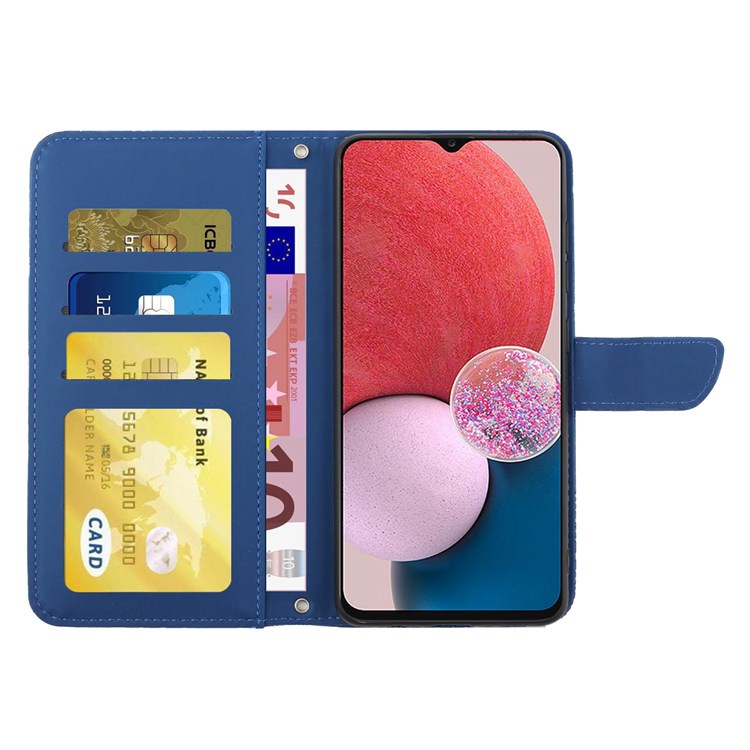For Samsung Galaxy A13 4G Full Protection Smartphone Case, Skin-touch Feel PU Leather Butterfly and Flower Imprinting Pattern Supporting Stand Wallet Phone Cover with Shoulder Strap - Blue