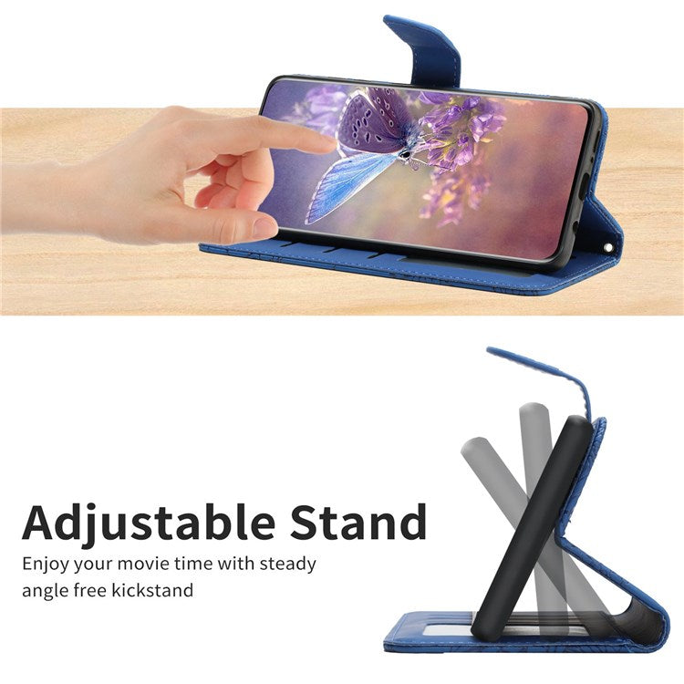 For Samsung Galaxy A13 4G Full Protection Smartphone Case, Skin-touch Feel PU Leather Butterfly and Flower Imprinting Pattern Supporting Stand Wallet Phone Cover with Shoulder Strap - Blue