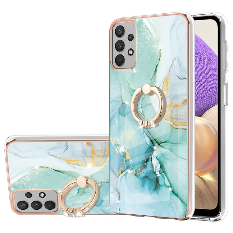YB IMD Series-10 for Samsung Galaxy A23 5G (Global Version) / 4G Marble Pattern IMD Bump Proof TPU Case Rotary Ring Kickstand Electroplating Frame Phone Cover - Green 003