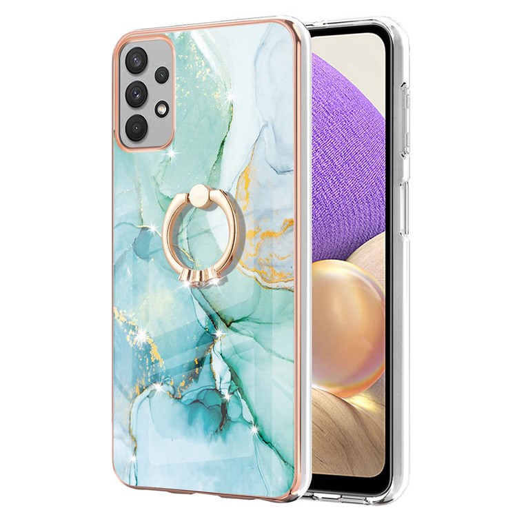 YB IMD Series-10 for Samsung Galaxy A23 5G (Global Version) / 4G Marble Pattern IMD Bump Proof TPU Case Rotary Ring Kickstand Electroplating Frame Phone Cover - Green 003