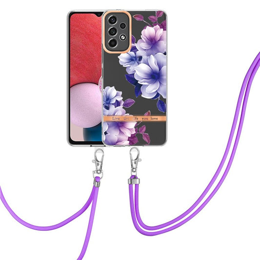 YB IMD-11 Series for Samsung Galaxy A13 4G IML Electroplating Flower Pattern IMD Drop-proof Well-protected Soft TPU Phone Case with Lanyard - HC004 Purple Begonia