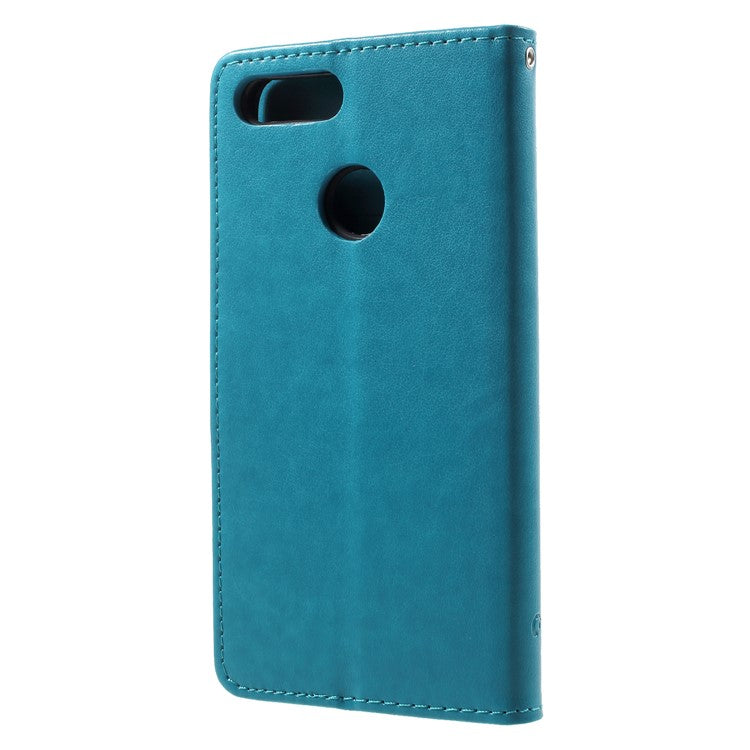 Imprint Butterfly Flower Wallet Stand Leather Phone Cover for Huawei P Smart / Enjoy 7S - Blue