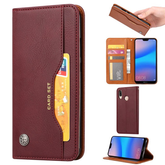 Auto-absorbed Leather Stand Protective Cover for Huawei P20 Lite / Nova 3e - Wine Red
